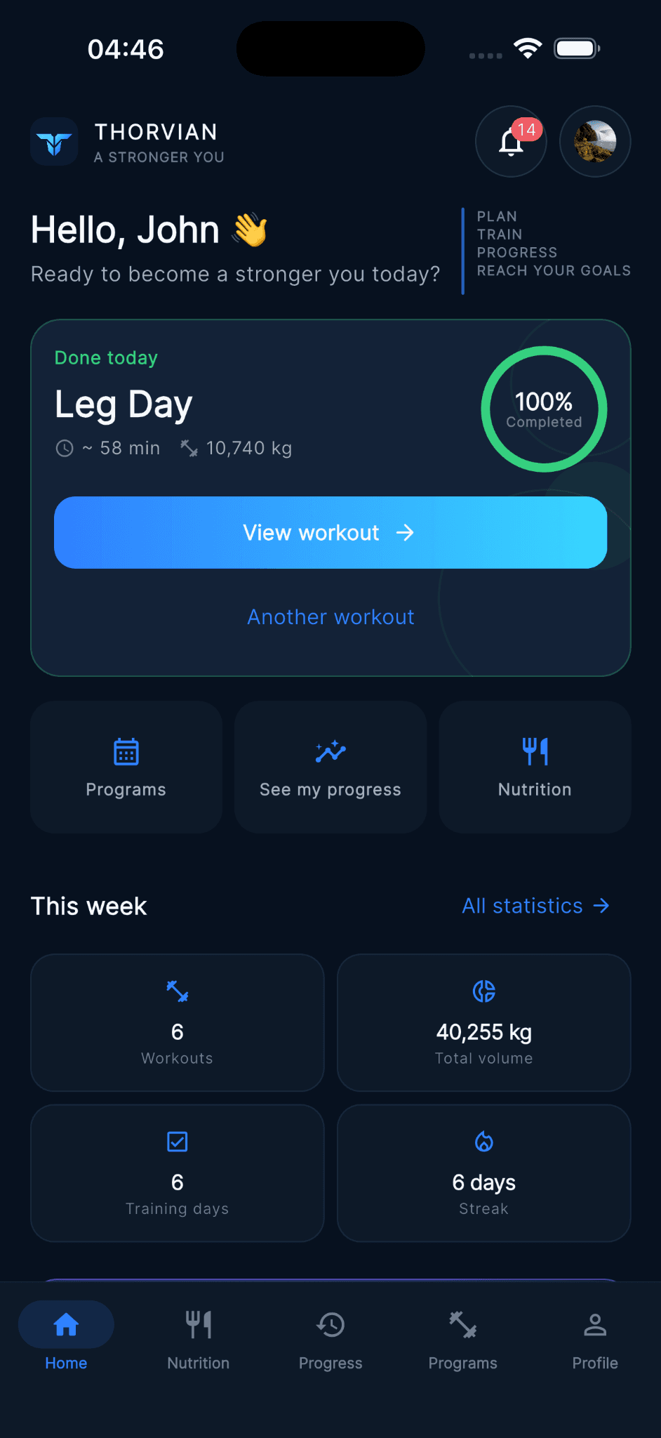 Thorvian home: today's workout, weekly volume and streak