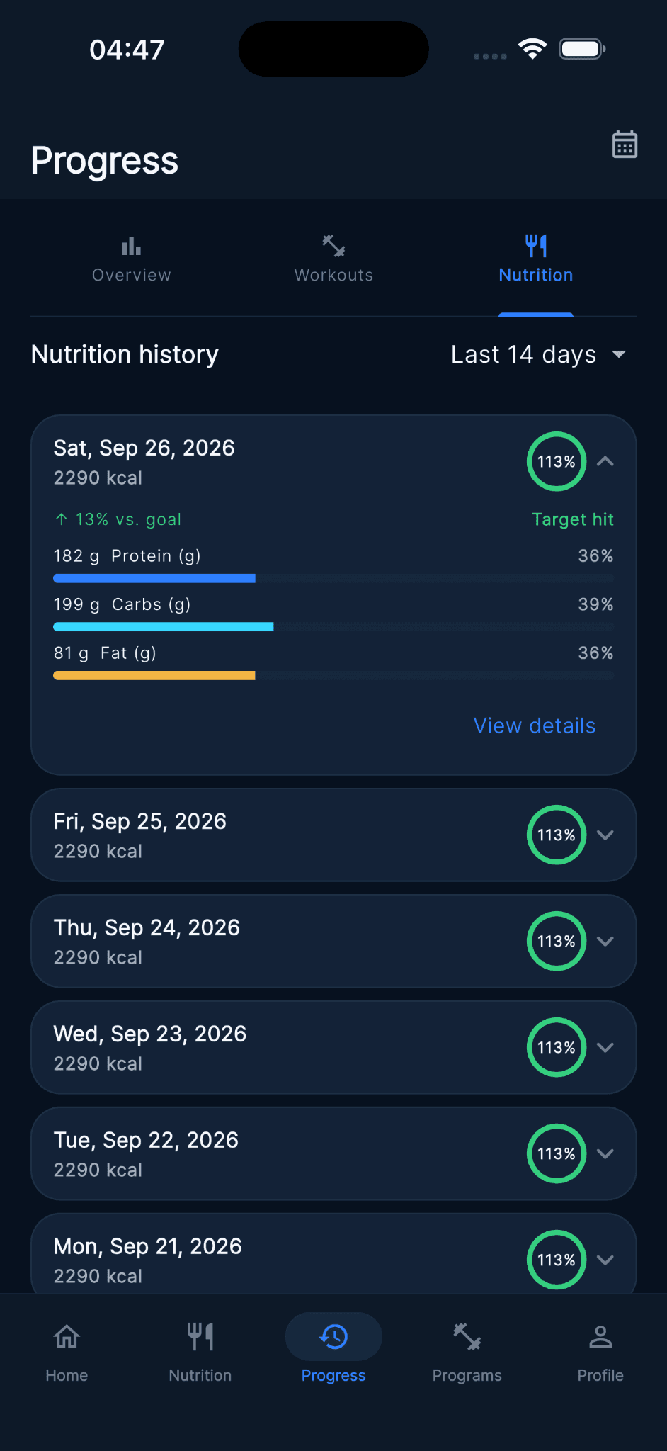 Nutrition history showing daily calorie targets