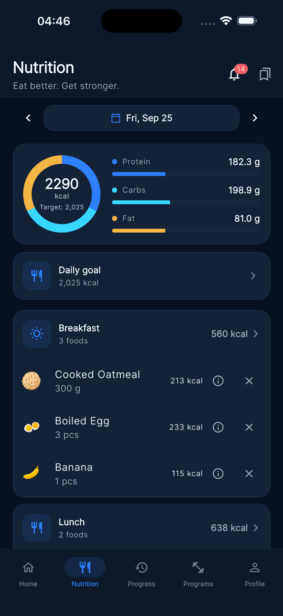 Daily nutrition with calorie ring, macros and logged meals