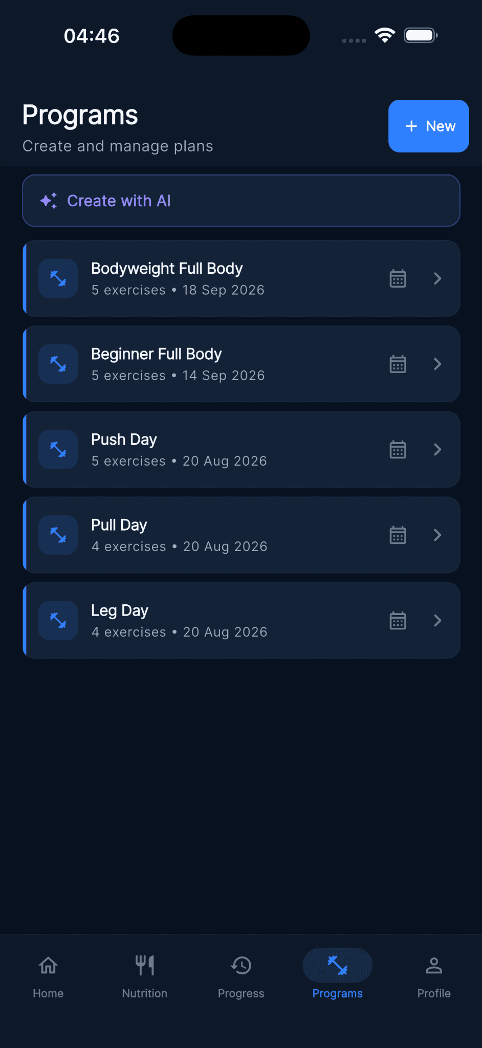 Program list with a Create with AI option