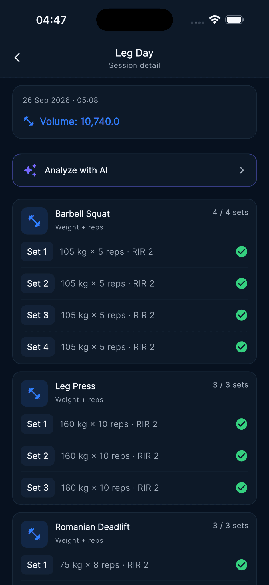Leg Day session detail with sets, RIR and an Analyze with AI button